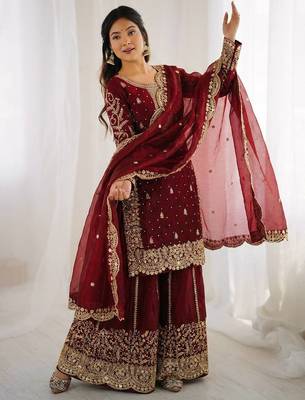 Maroon color designer fendy silk sequins embroidered work readymade suit 3