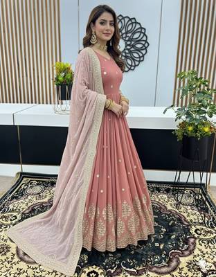 Peach pink designer heavy faux georgette sequins embroidered work readymade suit 3