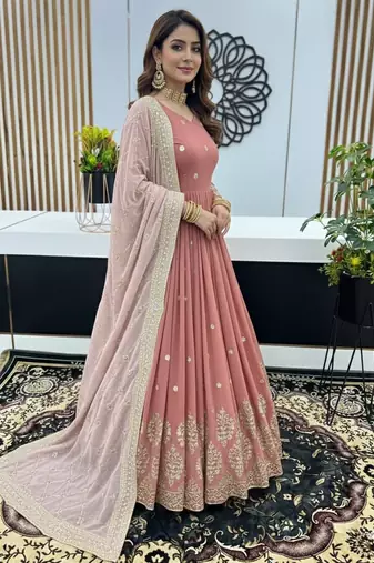 Peach pink designer heavy faux georgette sequins embroidered work readymade suit