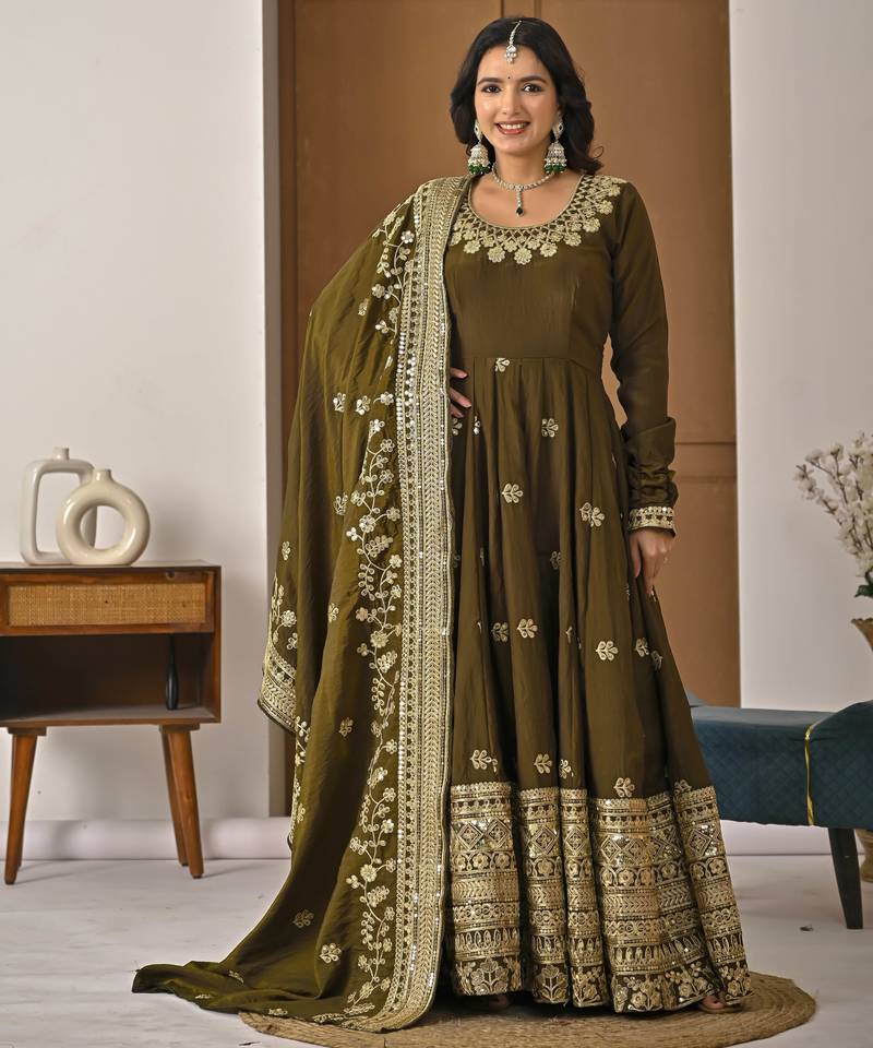 Mehendi green designer heavy nc vichitra silk sequins embroidered work readymade suit