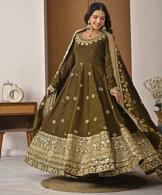 Mehendi green designer heavy nc vichitra silk sequins embroidered work readymade suit 2