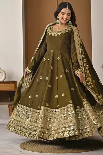 Mehendi green designer heavy nc vichitra silk sequins embroidered work readymade suit