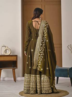 Mehendi green designer heavy nc vichitra silk sequins embroidered work readymade suit 3