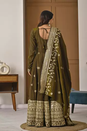 Mehendi green designer heavy nc vichitra silk sequins embroidered work readymade suit