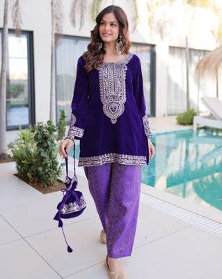 Purple designer 9000 velvet zari & embroidered work readymade suit 1