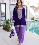 Purple designer 9000 velvet zari & embroidered work readymade suit