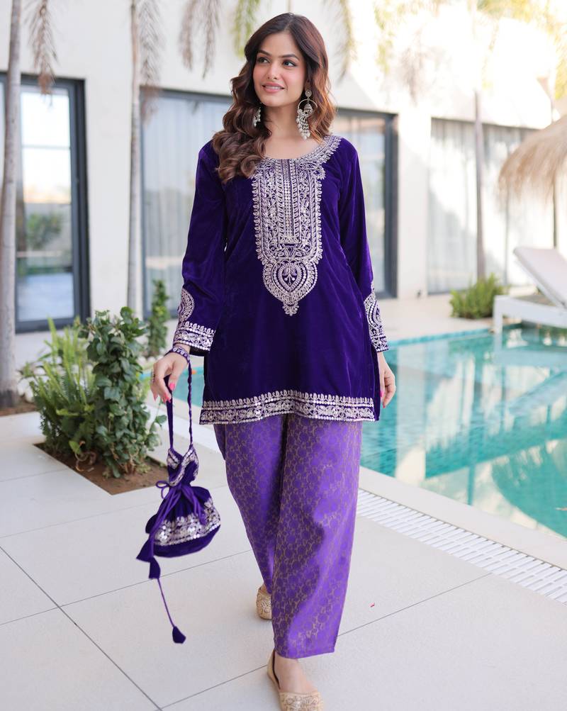 Purple designer 9000 velvet zari & embroidered work readymade suit