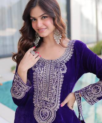 Purple designer 9000 velvet zari & embroidered work readymade suit 2