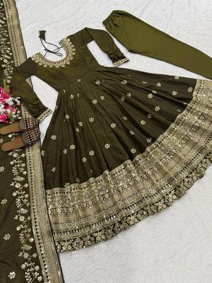 Mehendi green designer heavy nc vichitra silk sequins embroidered work readymade suit 4