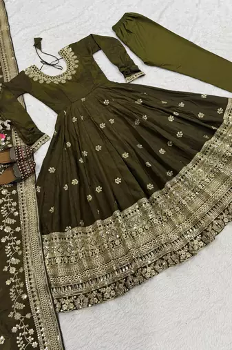 Mehendi green designer heavy nc vichitra silk sequins embroidered work readymade suit