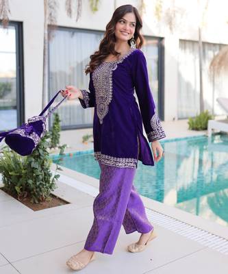 Purple designer 9000 velvet zari & embroidered work readymade suit 3