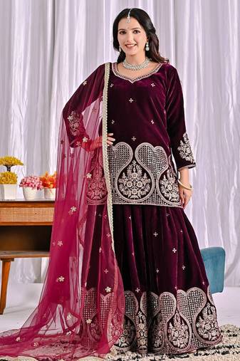 Wine designer pure heavy viscose velvet sequins embroidered work readymade suit