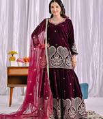 Wine designer pure heavy viscose velvet sequins embroidered work readymade suit