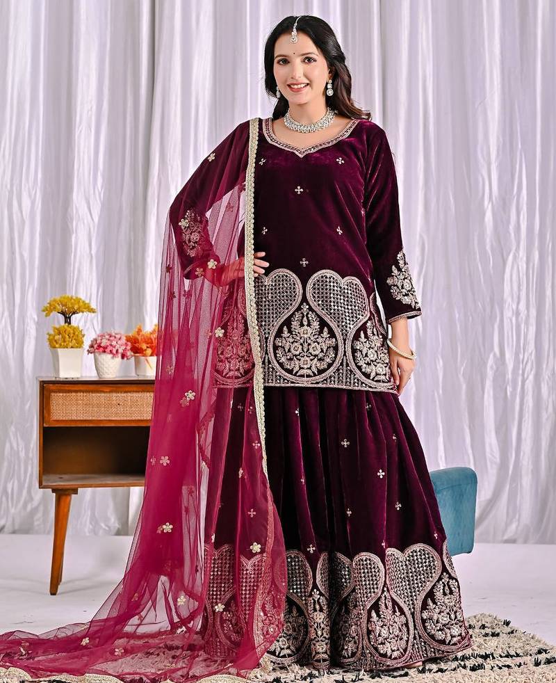 Wine designer pure heavy viscose velvet sequins embroidered work readymade suit