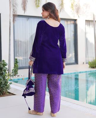 Purple designer 9000 velvet zari & embroidered work readymade suit 4