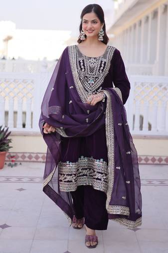 Wine designer 9000 velvet sequins embroidered work readymade suit