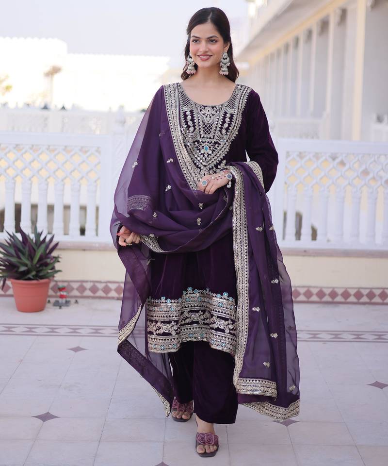 Wine designer 9000 velvet sequins embroidered work readymade suit