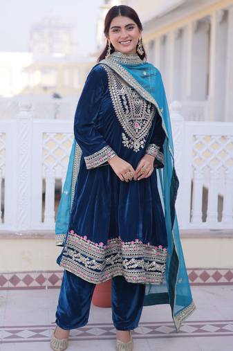Teal designer 9000 velvet sequins embroidered work readymade suit