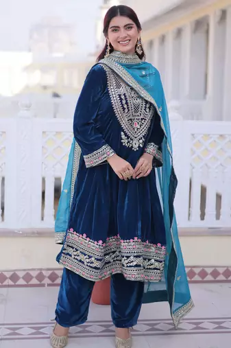 Teal designer 9000 velvet sequins embroidered work readymade suit