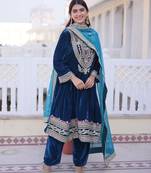 Teal designer 9000 velvet sequins embroidered work readymade suit