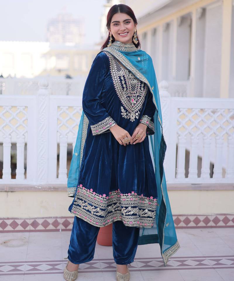 Teal designer 9000 velvet sequins embroidered work readymade suit