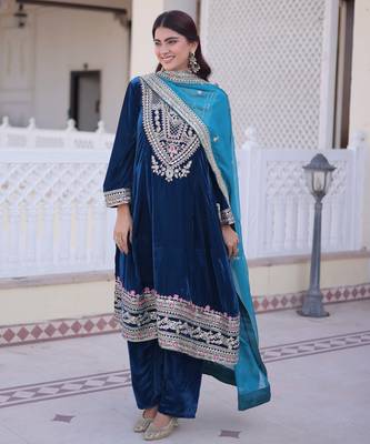 Teal designer 9000 velvet sequins embroidered work readymade suit 3