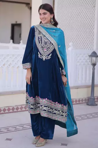 Teal designer 9000 velvet sequins embroidered work readymade suit