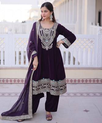 Wine designer 9000 velvet sequins embroidered work readymade suit 2