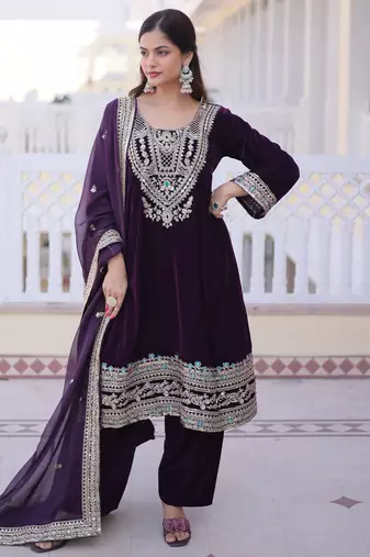 Wine designer 9000 velvet sequins embroidered work readymade suit