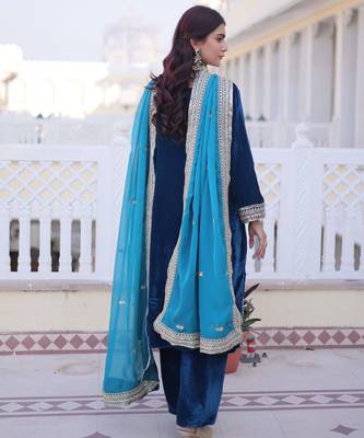 Teal designer 9000 velvet sequins embroidered work readymade suit 4