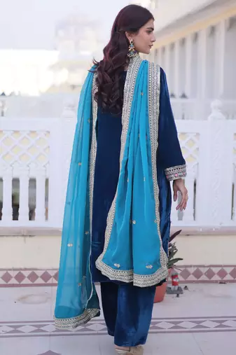 Teal designer 9000 velvet sequins embroidered work readymade suit