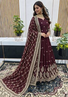Maroon designer heavy faux georgette sequins embroidered work readymade suit 2