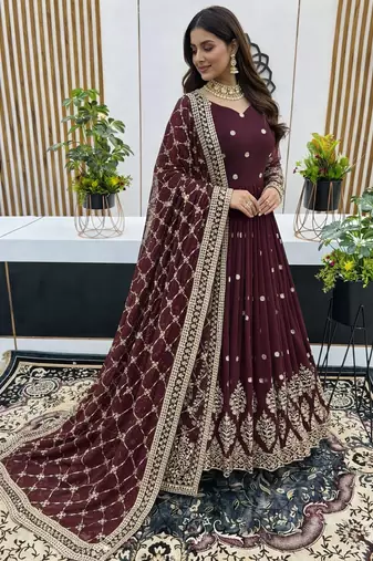 Maroon designer heavy faux georgette sequins embroidered work readymade suit