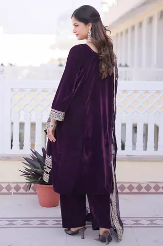 Wine designer 9000 velvet sequins embroidered work readymade suit