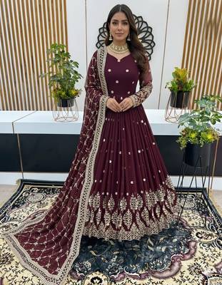 Maroon designer heavy faux georgette sequins embroidered work readymade suit 3