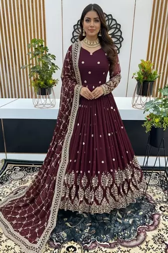 Maroon designer heavy faux georgette sequins embroidered work readymade suit