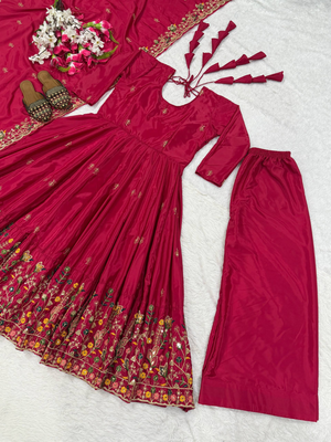 Pink designer heavy natural crep silk sequins embroidered work readymade suit 3