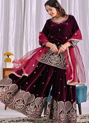 Wine designer pure heavy viscose velvet sequins embroidered work readymade suit 2