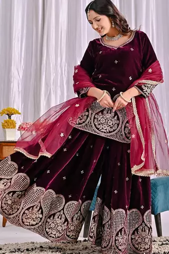 Wine designer pure heavy viscose velvet sequins embroidered work readymade suit