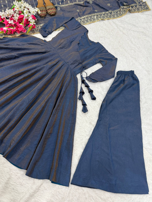 Blue designer heavy nc vichitra silk sequins embroidered work readymade suit 2