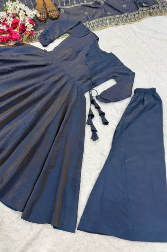 Blue designer heavy nc vichitra silk sequins embroidered work readymade suit