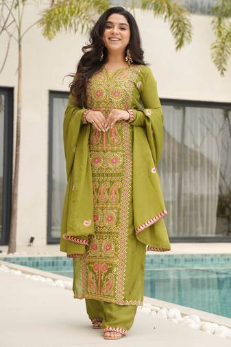 Green designer chinon zari & multi thread embroidered work readymade suit