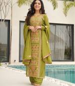 Green designer chinon zari & multi thread embroidered work readymade suit