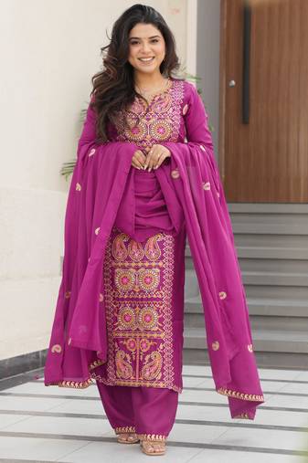 Magenta designer chinon zari & multi thread embroidered work readymade suit