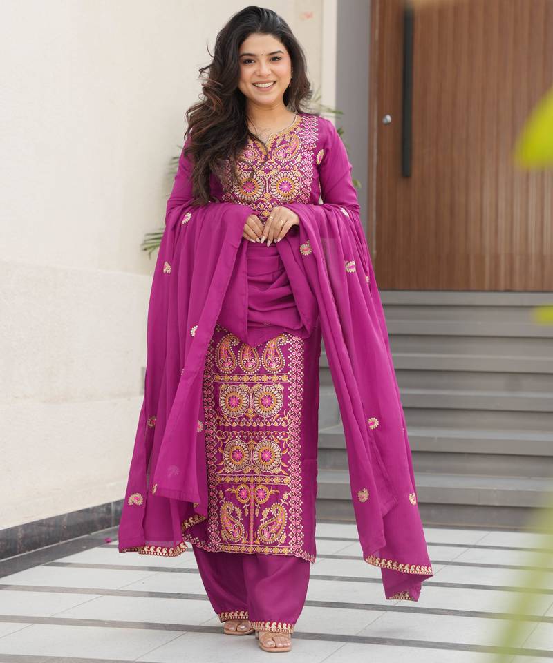 Magenta designer chinon zari & multi thread embroidered work readymade suit
