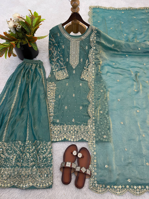 Sky blue color designer fendy silk sequins embroidered work readymade suit 3