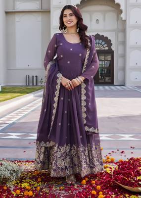 Purple designer fox georgette sequins embroidered work readymade suit 1
