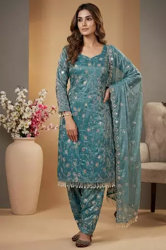 Blue designer heavy fandy crush silk sequins embroidered work readymade suit