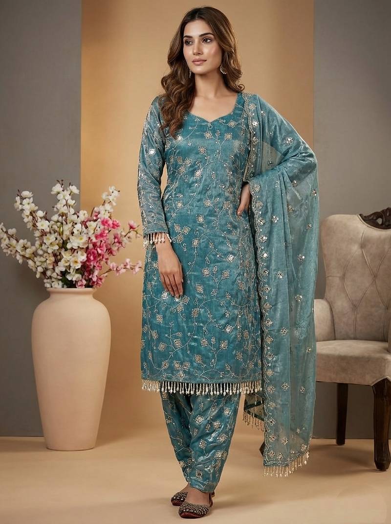 Blue designer heavy fandy crush silk sequins embroidered work readymade suit
