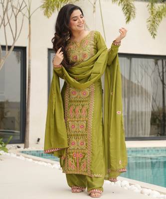 Green designer chinon zari & multi thread embroidered work readymade suit 2